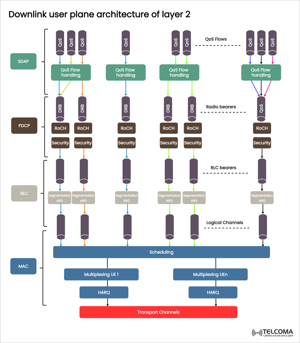 Downlink User Plane Architecture of Layer 2 in LTE/5G Explained
